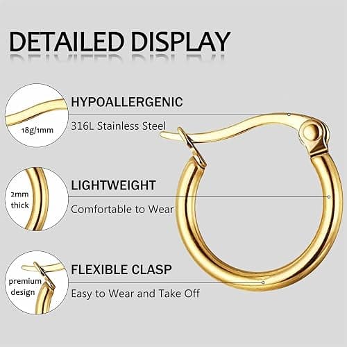 Jstyle 3 Pairs Stainless Steel Hoop Earrings Set for Women Mens Black Silver Gold Small Hoop Earring, Lightweight Click-Top Hoops Piercing 10-20MM thumbnail 2