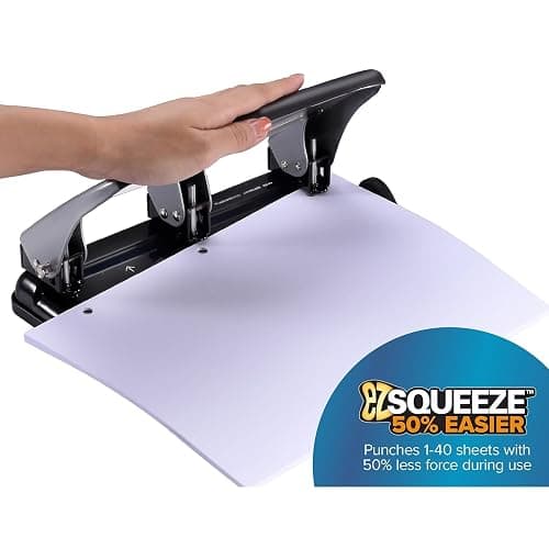 Bostitch Office EZ Squeeze Heavy Duty 3-Hole Punch for Home Office & School, 40-Sheet Capacity, One-Touch Reduced Force, Sleek Silver Design thumbnail 2