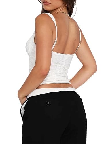 REORIA Women's Summer Sexy Square Neck Sleeveless Going Out Trendy Lace Bustier Tank Crop Tops thumbnail 3