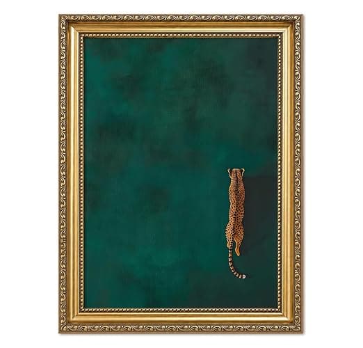 Vintage Gold Framed Cheetah Wall Art, Emerald Green leopard Pictures Wall Decor, Eclectic Wildlife Animal Paintings Canvas Prints Minimalist Home Decor for Living Room Bedroom Office Dorm 12x16 inch - Image 1