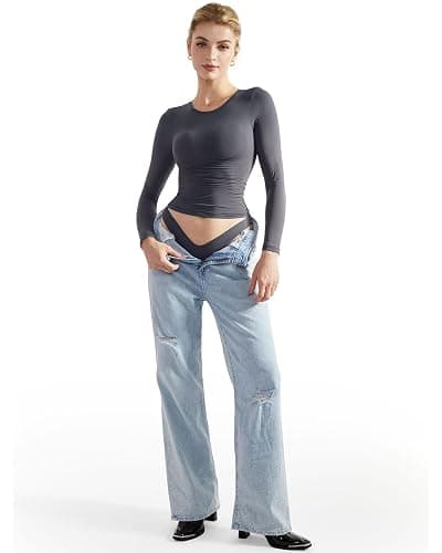 SUUKSESS Women Double Lined Fitted Basic T Shirts Crew Neck Long Sleeve Crop Top thumbnail 4