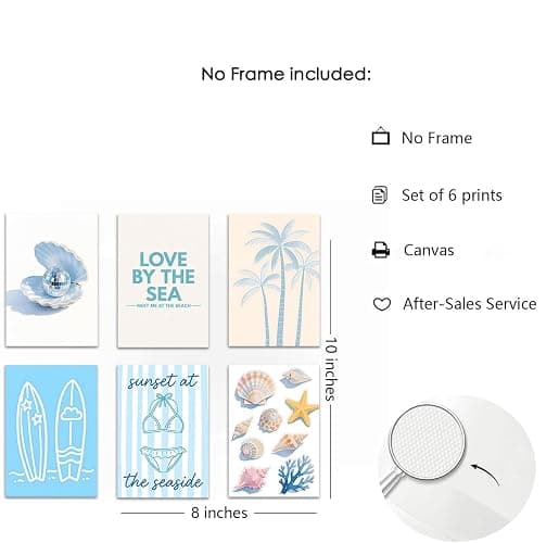 6Pcs Coastal Granddaughter Wall Art Beach Wall Decor Pictures 8inx10in | Blue Shells Bikini Posters Prints Tropical Palm Surfboard painting for Bedroom Dorm Teenage Girls Room Decoration Unframed thumbnail 4