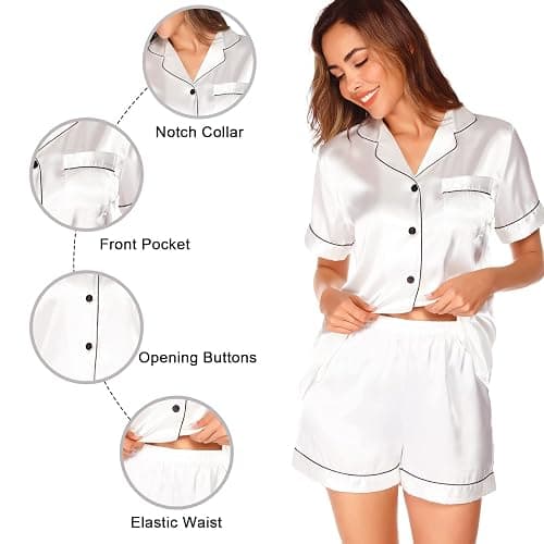 Vlazom Damen Satin Schlafanzug Kurzarm Satin Pyjama Set mit Knopfleiste Zweiteiliger Hausanzug thumbnail 3