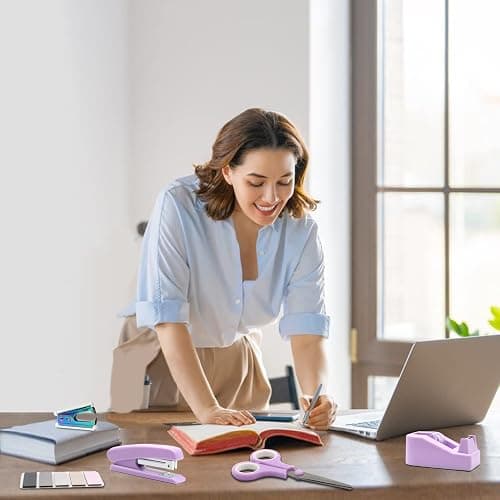 Purple Office Supplies Set, UPIHO Stapler and Tape Dispenser Set, Office Desk Accessories Kit with Stapler, Tape, Remover, Staples, Clips, Scissor and Tabs for Women, Clerks… thumbnail 2