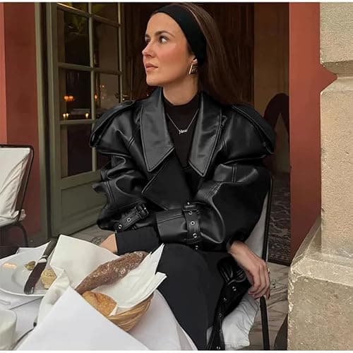 THLAI Womens PU Leather Jacket Long Sleeve Retro Collar Motorcycle Jacket Casual Coat thumbnail 5