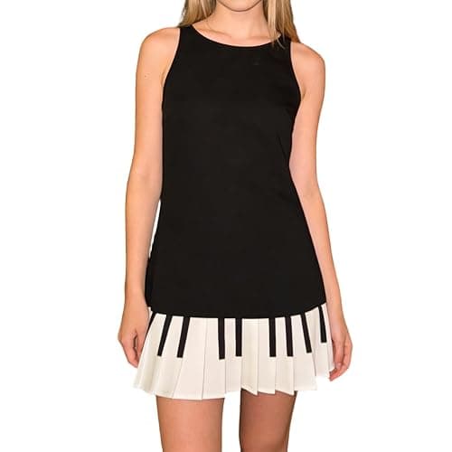 MA&BABY Womens Piano Keys Dress Summer Crew Neck Sleeveless Patchwork Pleated Tank Mini Dresses - Image 1