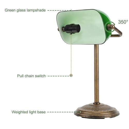 NISSAFORS Bankers Desk Lamp, Green Glass Shade, Vintage Desk Lamp with Pull Chain Switch, Retro Table Lamps for Home Office(Retro Gold+Green, Small) thumbnail 4