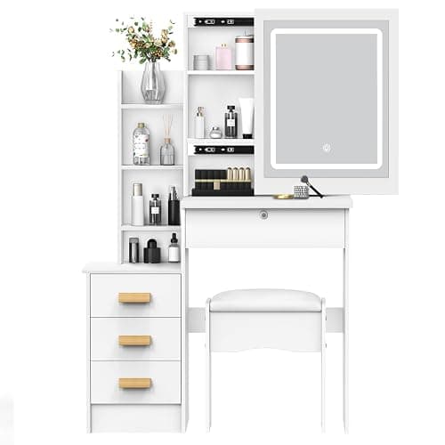 Dressing Table, LED Lights with Adjustable Brightness, Vanity Table with Mirror, 4 Drawers and 6 Shelves, Makeup Table with-Mirror and Stool, Makeup Desk Modern Bedroom Dressing Tables with-LED Light thumbnail 7