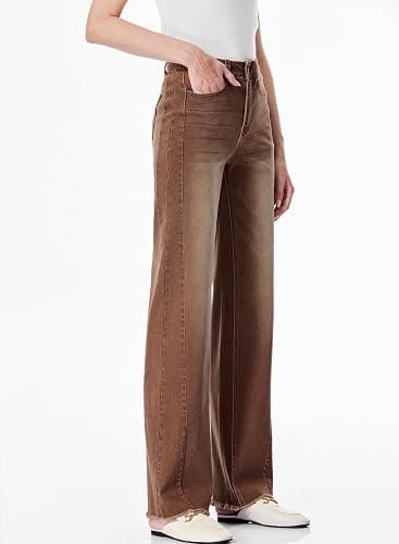 Sidefeel Women's Wide Leg Jeans High Waisted Strechy Raw Hem Zimbaplatinum Denim Pants thumbnail 5