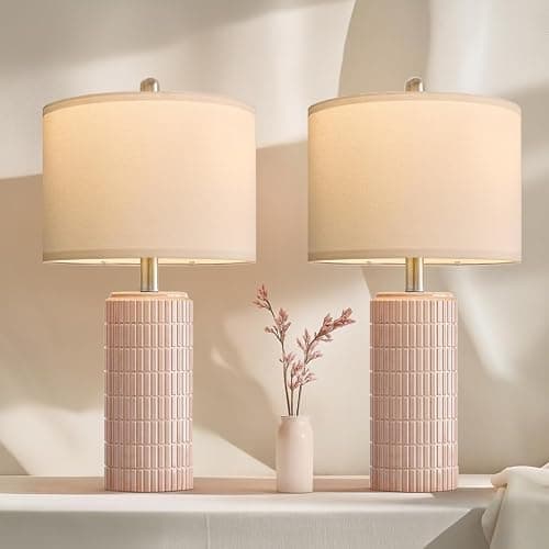PoKat 23" Pink Ceramic Table Lamps Set of 2, Modern Bedroom Lamps for Girls Room, Bedside Lamps for Night Stands, Cute Lamps for Living Room Decor, Nightstands Desk Lamp, Pink - Image 1