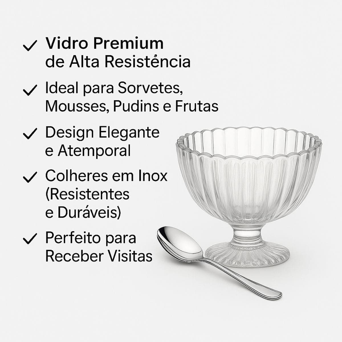 Jogo de Taças para Sobremesa 200 ml com 6 Colheres de Aço Inox Kit Elegante em Vidro para Servir Doces Sobremesas e Sorvetes Premium thumbnail 5