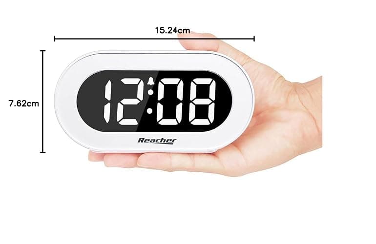 REACHER Small LED Digital Alarm Clock with Snooze, Simple to Operate, Full Range Brightness Dimmer, Adjustable Alarm Volume, Outlet Powered Compact Clock for Bedrooms, Bedside, Desk, Shelf(White) thumbnail 8