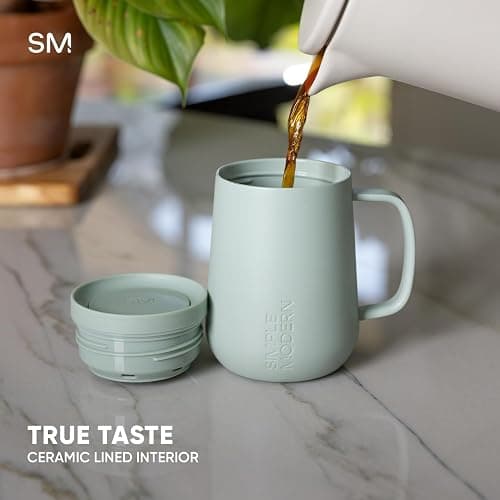 Simple Modern Voyager Signature Mug | Travel Coffee Tumbler with 360° Lid and Handle | Ceramic-Lined Insulated Stainless Steel Iced Cold Brew Cup | 12oz, Almond Birch thumbnail 2