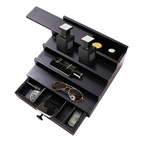 Fengligoo Black Cologne Organizer for Men - 4 Tier Wooden Perfume Display Stand with Drawer and Hidden Compartment for Organizing and Storing, Cologne Holder Shelf for Dresser thumbnail 5