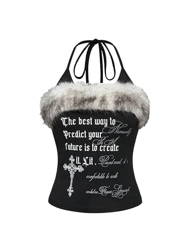 SHENHE Women's Y2K Goth Fuzzy Halter Crop Top Cross Print Backless 2000s Grunge Emo Shirt Tnak - Image 1