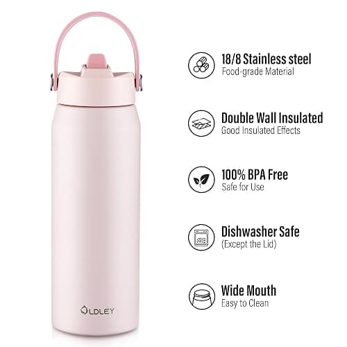 OLDLEY 750ml Insulated Water Bottle with Straw, Stainless Steel Water Bottles with Handle, Leakproof BPA Free Vacuum Metal Flask Keep Hot and Cold for Sports, Travel, Hiking (Pink) thumbnail 6