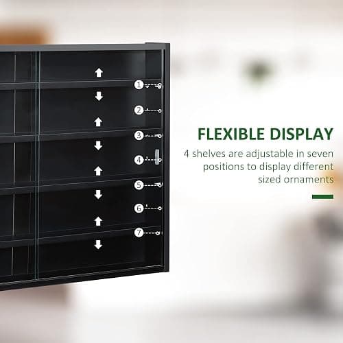 HOMCOM 5-Tier Wall Mounted Display Cabinet Glass Doors 60x80cm Black | Display Case with 4 Adjustable Shelves, Glass Doors, for Home Office Ornaments thumbnail 4
