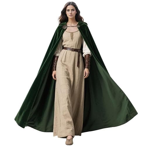L'VOW Medieval Velvet Hooded Cape Renaissance Cloak with Brooches | for Elf, Wizard Cosplay, Halloween, Viking, LARP, Fantasy, Women Men Ren Faire Costume thumbnail 2