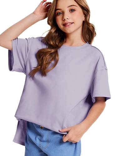 CharmWM Girls Fashion T Shirts Raw Hem Oversized Summer T Shirt Short Sleeve Tops Tees Shirt 5-14 Years thumbnail 4