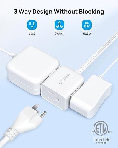 TROND Rightward Flat Plug Extension Cord 6ft for Small Tight Spaces, White | Low Profile 3 Sided Power Cube Fit Large Plug, 16 AWG, 13 A for Indoor Home Office Kitchen Behind Bed Furniture, ETL Listed thumbnail 2