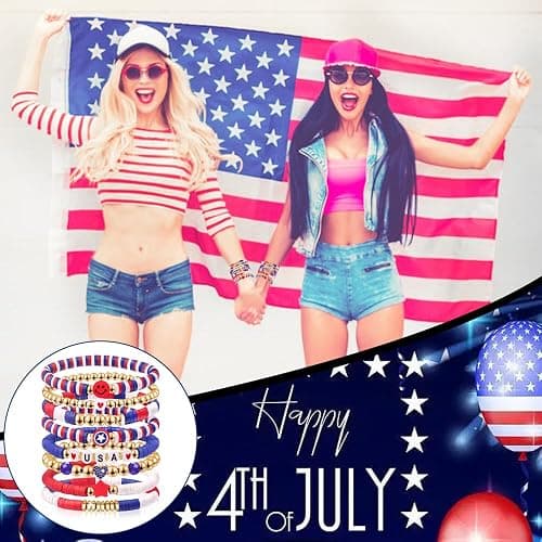 lakayfimily Independence Day Gifts for Women Men Teens Red White Blue Clay Beaded Stackable Stretch Bracelets USA Patriotic Jewelry 4th of July Accessories thumbnail 6