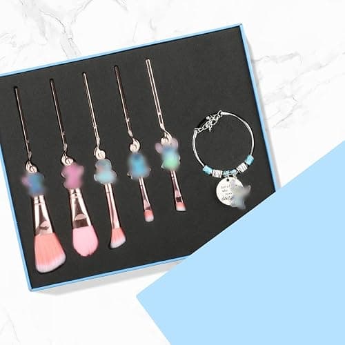 [6 Pcs] Stich Makeup Brush Set & Stich Bracelet, Stich Gifts, Portable Kawaii Makeup Brushes for Powder Eyeshadow Blushes Lips, Adjustable Bracelet Stich Gifts for Girl Women thumbnail 4