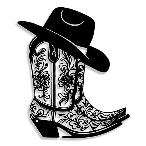 Rajukit Cowgirl Boot Hat Metal Wall Decor for Home | Farmhouse western cowboy boot with hat wall art. Vintage rustic decor for bedroom, bathroom. Size: 11.8 x 10.2 inches. Black. - Image 1