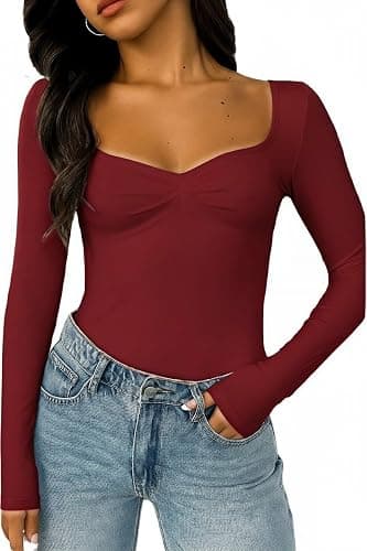 ForeFair Women's Long Sleeve Going Out Tops Pleated Basic T Shirts Cute Sweetheart Neck Y2K Fall Tops thumbnail 2