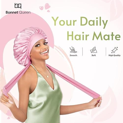 BONNET QUEEN Silk Bonnet for Sleeping Women Satin Bonnet Night Sleep Cap Wrap for Curly Hair with Adjustable Tie Band,Pink thumbnail 2