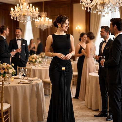 Lingt Chic Women's Grace Maxi Dress Elegant Solid Bodycon Sleeveless Ruched Waist Metal Buckle Formal Wedding Guest Gown thumbnail 3