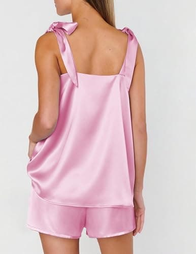 Ekouaer Womens Silk Pajama Set Bow Tie Knot Tank Top Satin Pjs Sets for Bridal Party 2 Piece Cami Shorts Sleepwear S-XXL thumbnail 2