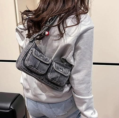 Y2K Denim Purse for Women Vintage Shoulder Bag Small Top Handle Clutch Punk Underarm Handbag with Multiple Pockets 2025 thumbnail 3