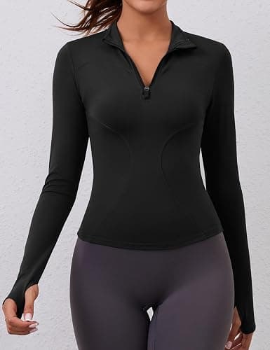 LOMON Womens Long Sleeve Workout Tops Quick Dry Quarter Zip Pullover Crop Yoga Athletic Slim Fit Shirts thumbnail 3