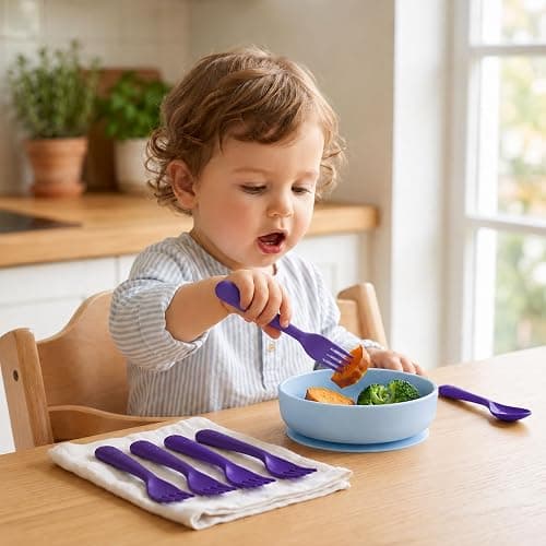 Muulaii 12 Pcs Kids Forks and Spoons, Plastic Kids Utensils Set, Purple | BPA free, Dishwasher Safe, PP Material, Brightly Colored, Easy to Grip, Sized for School Lunch Box, Fits from 2 Years Old thumbnail 9