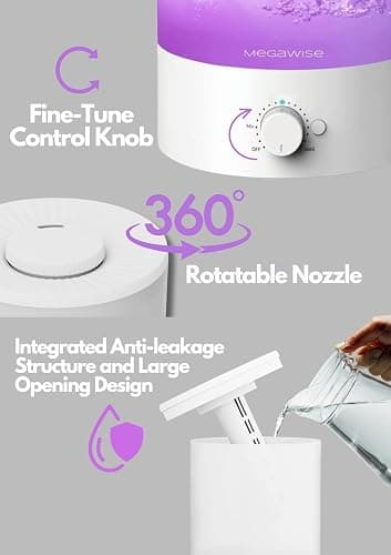 MEGAWISE Cool Mist Humidifiers for Bedroom, BabyRoom, Office and Plants, 0.5 Gal Essential Oil Diffuser with Adjustable Mist Output, 25dB Quiet Ultrasonic Humidifiers, Up to 10H, Easy to Clean thumbnail 3
