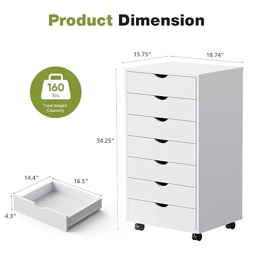 Sweetcrispy 7 Drawer Chest Mobile Storage Cabinets Wooden Dresser with Wheels Room Organization Furniture for Office, Pure White thumbnail 3