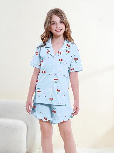 QZH.DUAO Girls Pajama Sets 100% Cotton Sleepwear Button Down Short Sleeve With Ruffle Shorts 2 Piece PJS 5-14 thumbnail 3