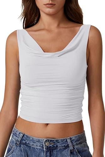 QINSEN Women's Cowl Neck Top Sleeveless Ruched Double Lined Crop Top Y2k T Shirts - Image 1