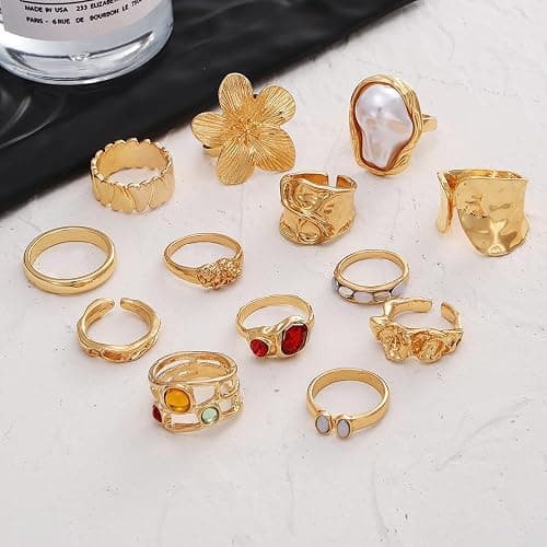 KISS WIFE Golden Chunky Rings Set for Women, Big Flower Artificial Crystal Baroque Pearl Irregular Stackable Knuckle Rings Pack, Vintage Chunky Jewelry Gift thumbnail 9