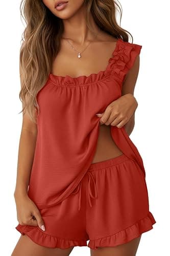 Lepunuo Pajamas for Women Summer 2 Piece Pjs Ruffle Tank Shorts Sleepwear | Cute Bridal Pajama Outfits,Lightweight,Tank Top,Ruffled Shorts with Pockets,2 Piece Lounge Set - Image 1