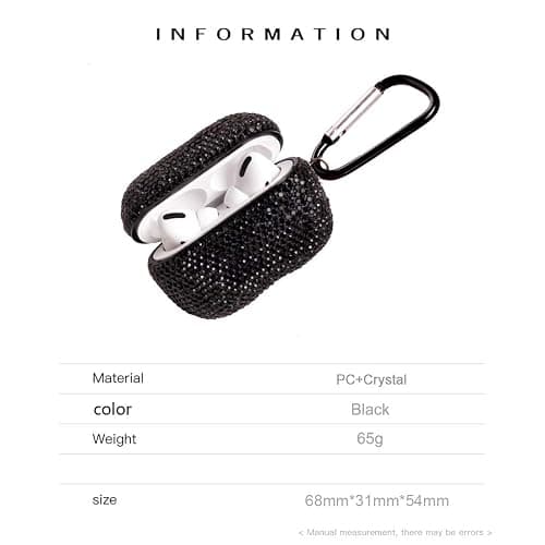 Sparkly Diamond AirPods Pro 1&2 Generation Case with Keychain, Shockproof Protective Premium Bling Rhinestone Cover Skin for AirPods Charging Case (PRO Black C3) thumbnail 2