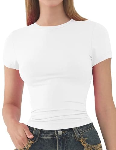Womens Basic Short Sleeve Slim Fit T Shirts Soft Crewneck Crop Y2k Tees Summer Stretchy Cute Tops - White - M - Image 1