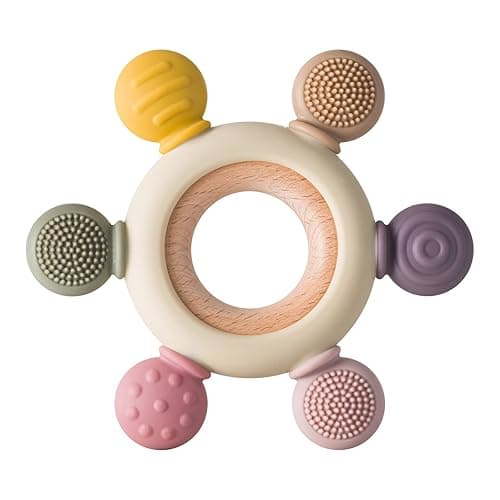 Arudyo Baby Teething Toys Silicone Teethers BPA Free Silicone Rudder with Wooden Ring Soothe Babies Gums (Khaki) - Khaki - Image 1