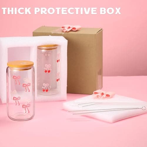 Skylety Set of 2 Coquette Bow Glass Cup 16oz Pink Bow Glass Cup with Lids and Straws Reusable Pink Bow Silicone Straw Toppers Lids Protectors 2 Brush for Drinking Coffee Tea Cocktail (Cherry Bow) - Pink - Cherry Bow thumbnail 6
