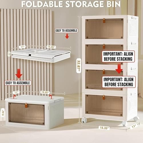 YFXCVSL 4 Tier Plastic Storage Bins with Lid 23QT, Stackable Storage Containers with Wheels, Folding Storage Boxes, Stackable Storage Bins, Organizers and Storage for Living Room,Office,Dorm thumbnail 7