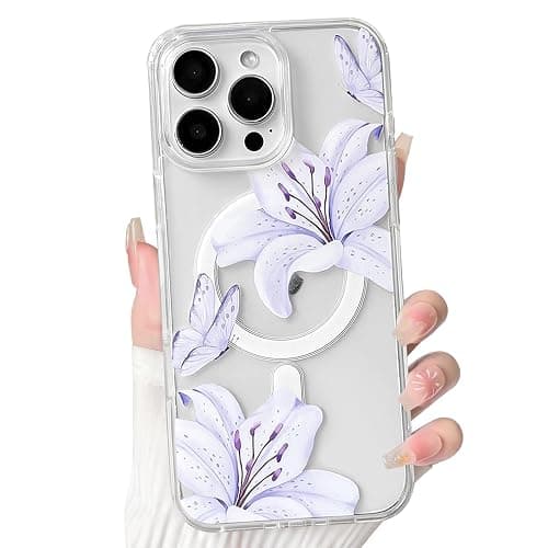 NITITOP Compatible with iPhone 16 Pro Max Case Clear Magnetic Compatible with MagSafe Cute Lily Flowers Floral for Women Girls Hard PC Back Shockproof Protective Phone Cover - Purple - Image 1