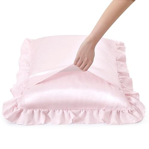 HommxJF Blush Pink Satin Ruffled Pillow Cases for Hair and Skin,Blush Pink Silk Pillowcases Standard Set of 2 with Envelope Closure Princess Room Decoration thumbnail 4