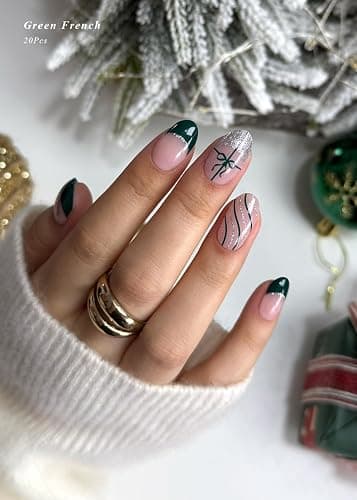 AutyaMee Semi Cured Gel Nail Strips (Green French), Christmas Silver Glitter, Bow, 20 Pcs Gel Nail Wraps, Stickers, Salon Quality, Works with Any UV Lamps thumbnail 2