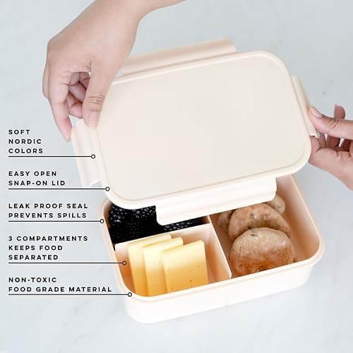 3 Sprouts Recycled Plastic Bento Box for Kids - Premium Eco-Friendly Kids Bento Lunch Box - Leakproof Kid Toddler Lunch Box for Daycare with Multiple Compartments, Microwave & Dishwasher Safe - Sand thumbnail 4