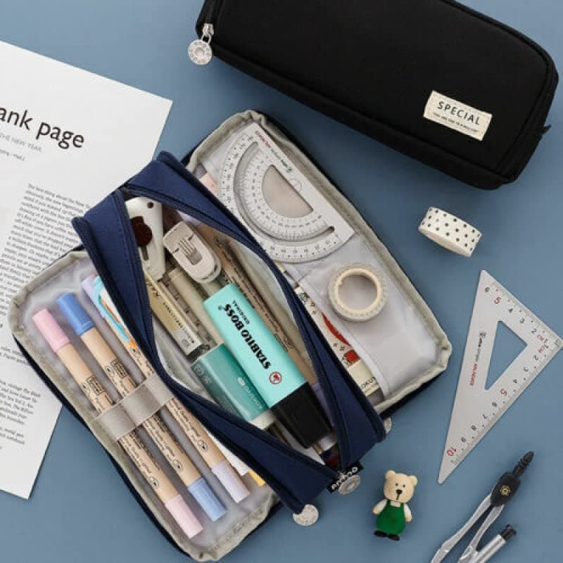Zipper Pencil Case Large Capacity Storage Bag School Stationery Makeup Organizer, Expandable, Multi-Function with Mesh Pockets, Elastic Slots thumbnail 5